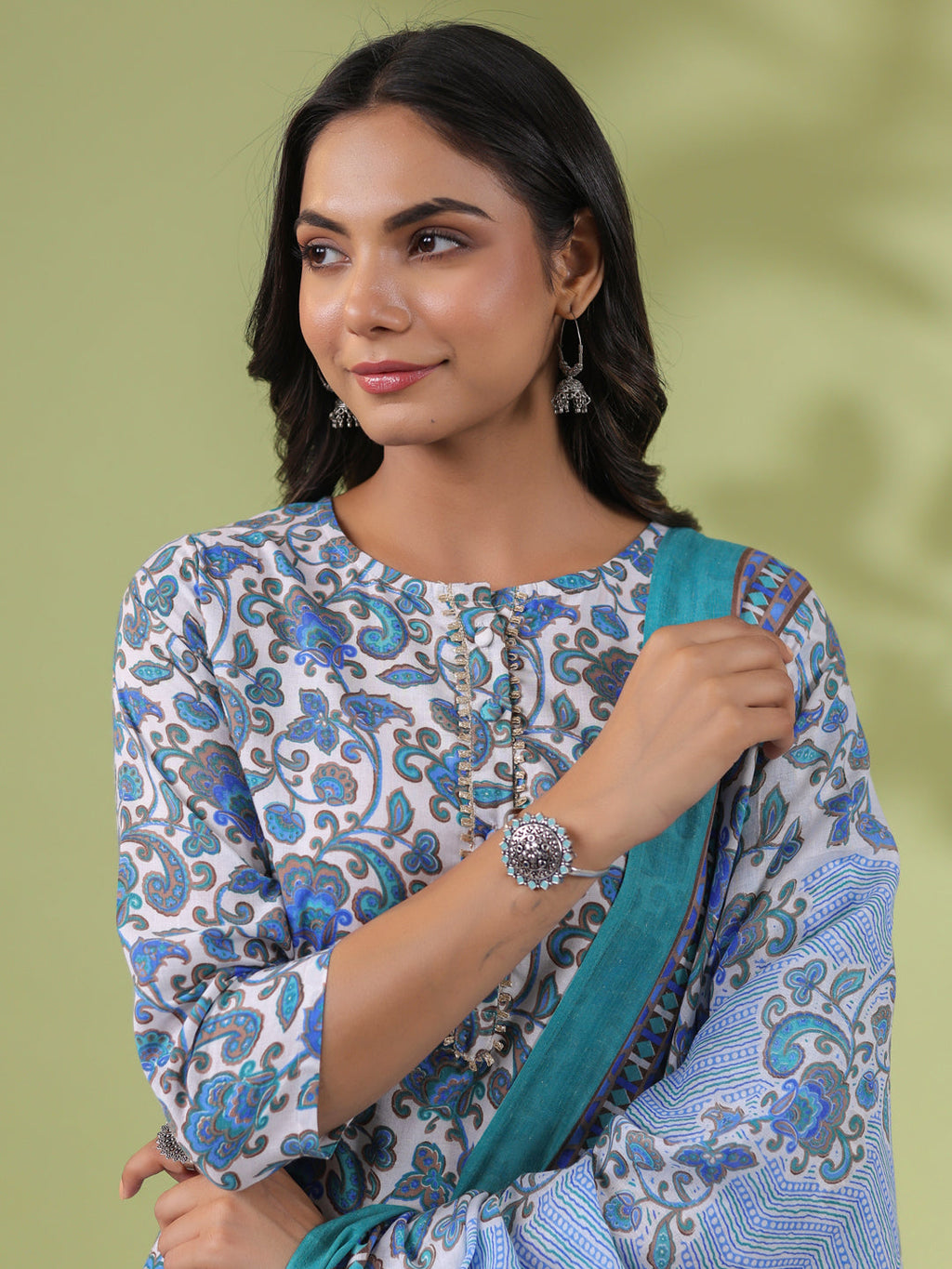 Janasya Regular Poly Cotton White Floral Round Neck Kurta Set | Grocsy