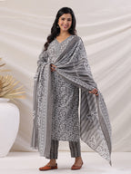 Janasya Regular Poly Cotton Grey Ethnic Motifs V-Neck Kurta,Bottom & Dupatta | Grocsy