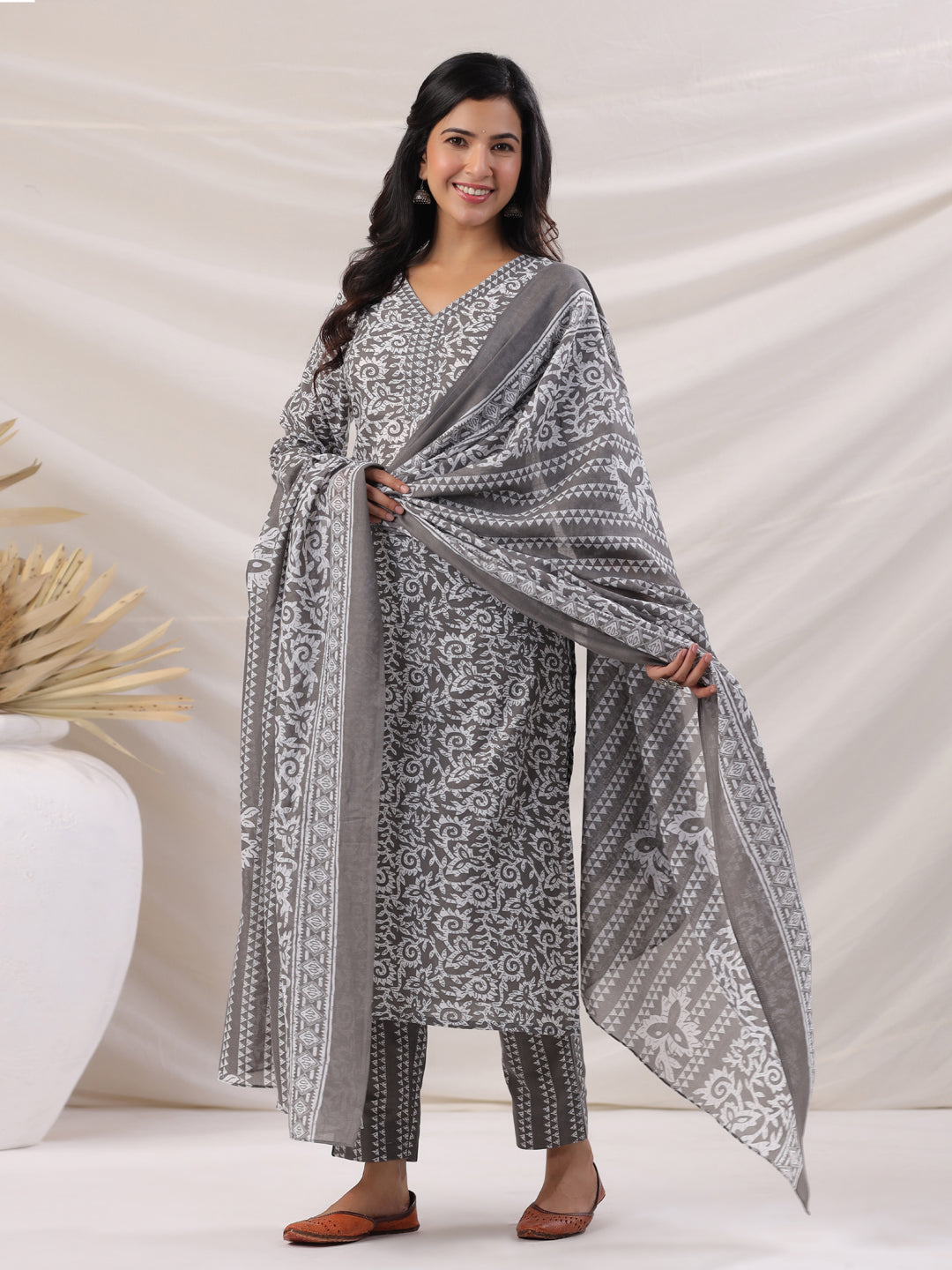 Janasya Regular Poly Cotton Grey Ethnic Motifs V-Neck Kurta,Bottom & Dupatta | Grocsy