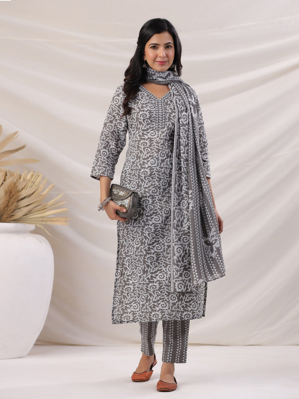Janasya Regular Poly Cotton Grey Ethnic Motifs V-Neck Kurta,Bottom & Dupatta | Grocsy