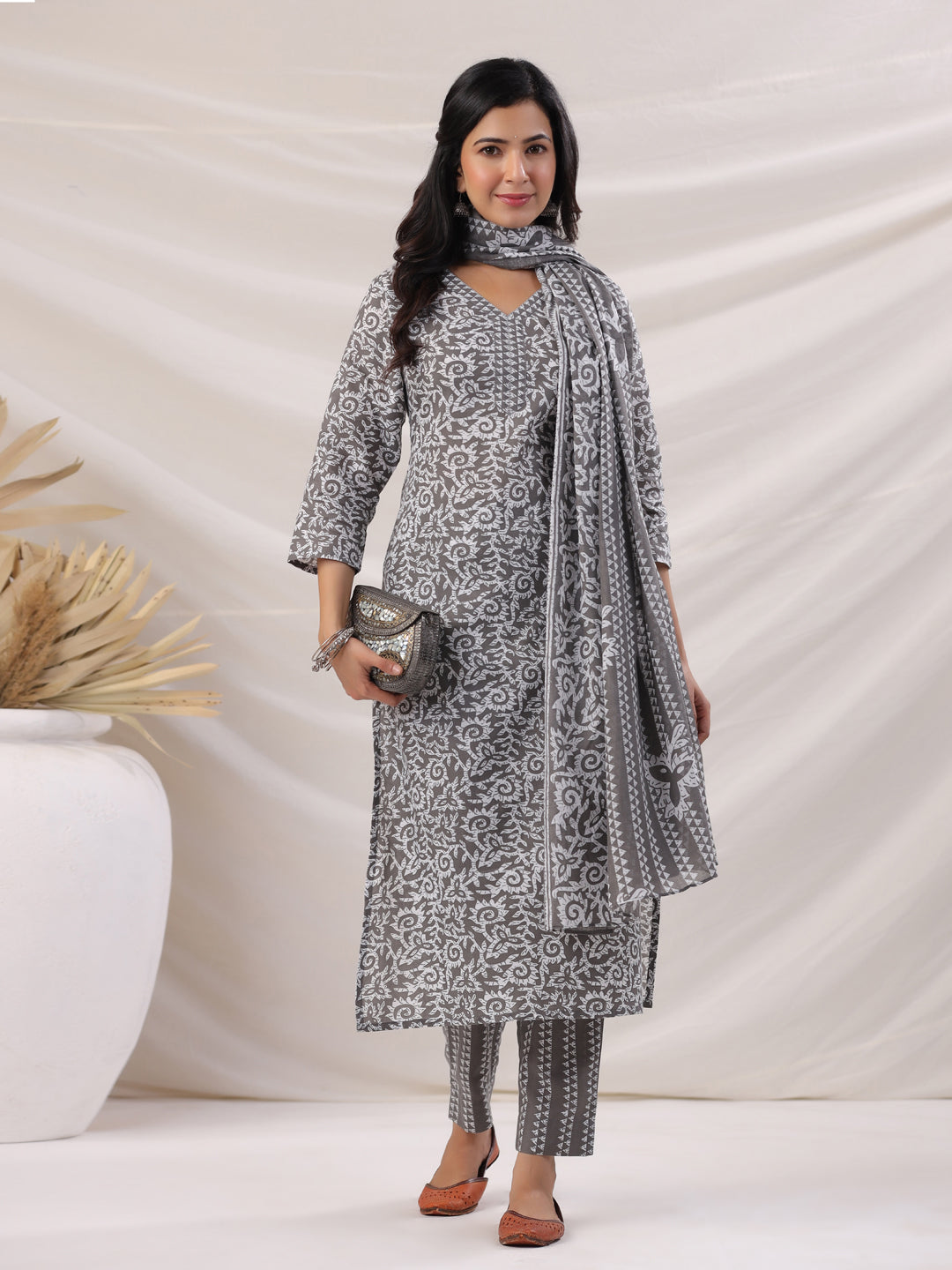 Janasya Regular Poly Cotton Grey Ethnic Motifs V-Neck Kurta,Bottom & Dupatta | Grocsy