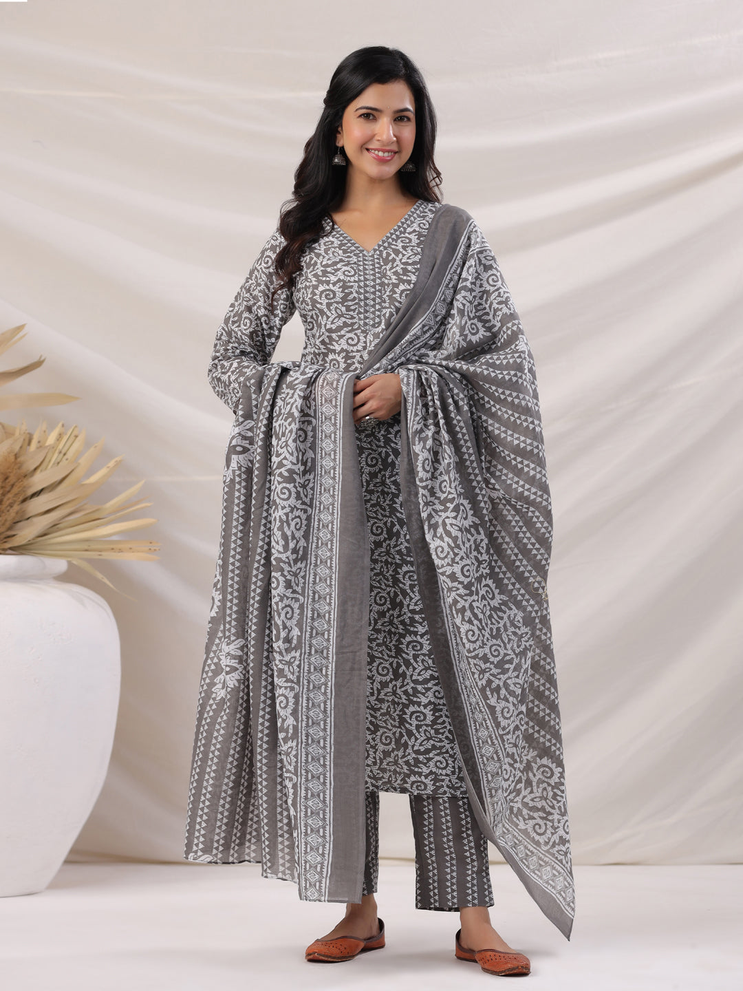 Janasya Regular Poly Cotton Grey Ethnic Motifs V-Neck Kurta,Bottom & Dupatta | Grocsy