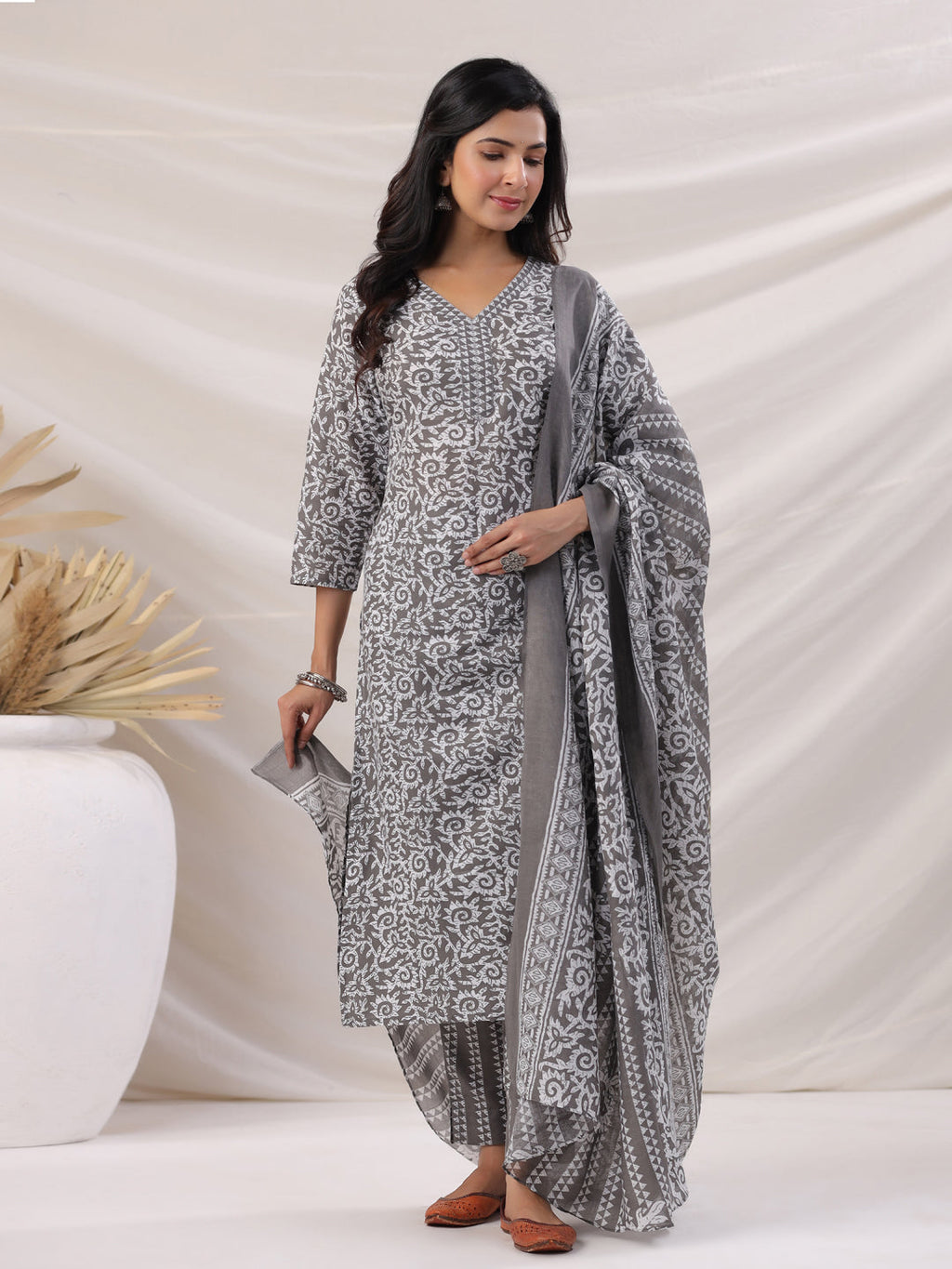 Janasya Regular Poly Cotton Grey Ethnic Motifs V-Neck Kurta,Bottom & Dupatta | Grocsy