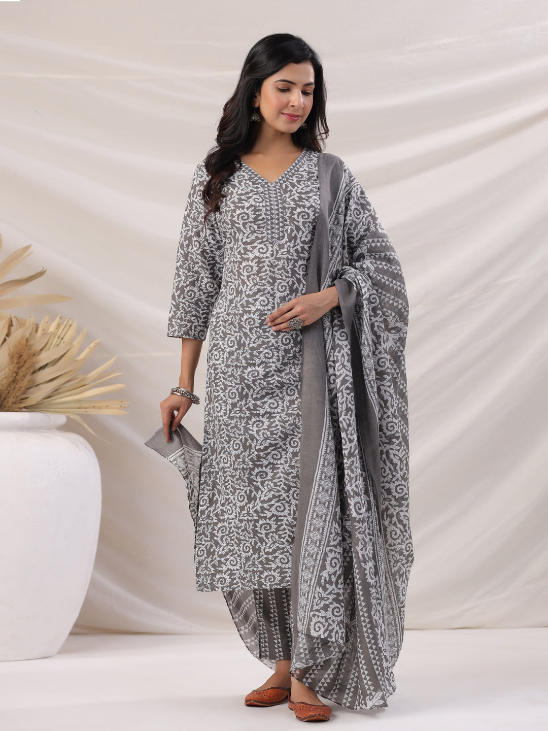 Janasya Regular Poly Cotton Grey Ethnic Motifs V-Neck Kurta,Bottom & Dupatta | Grocsy