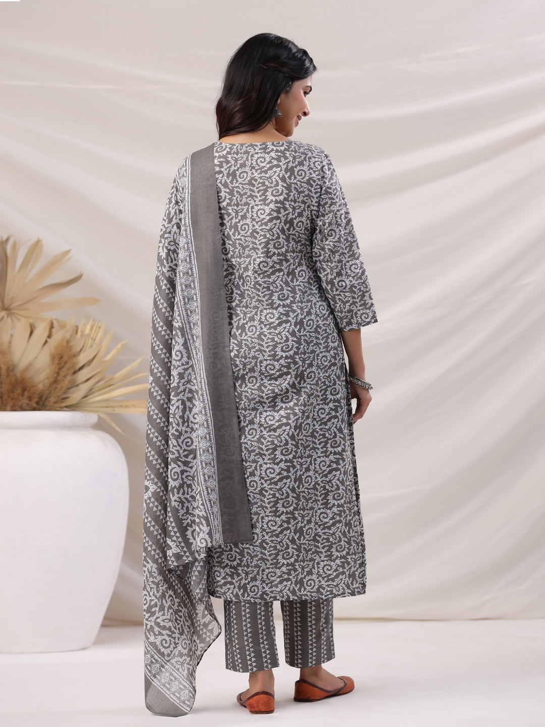 Janasya Regular Poly Cotton Grey Ethnic Motifs V-Neck Kurta,Bottom & Dupatta | Grocsy