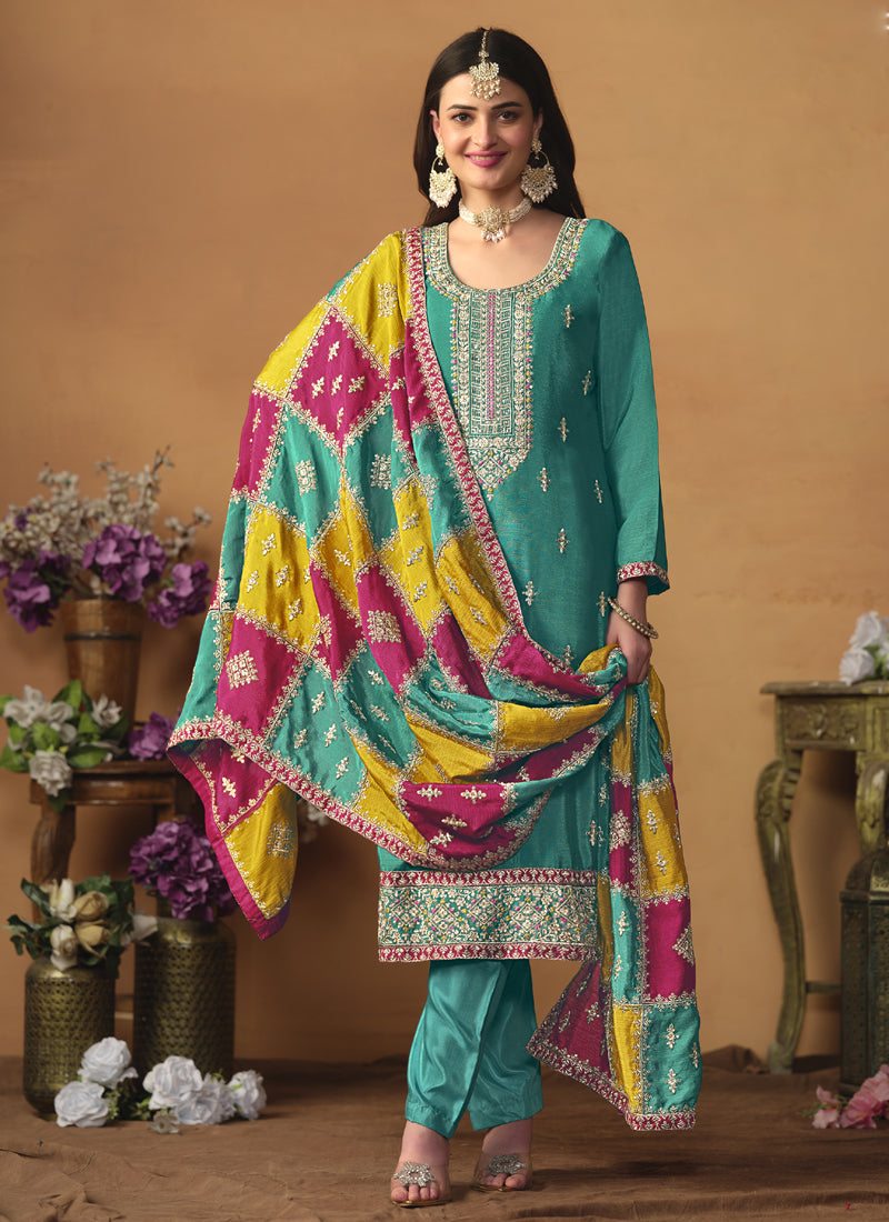 Vegaa Fashion Sky Blue Chinon Silk Embroidered Salwar Suit | Grocsy