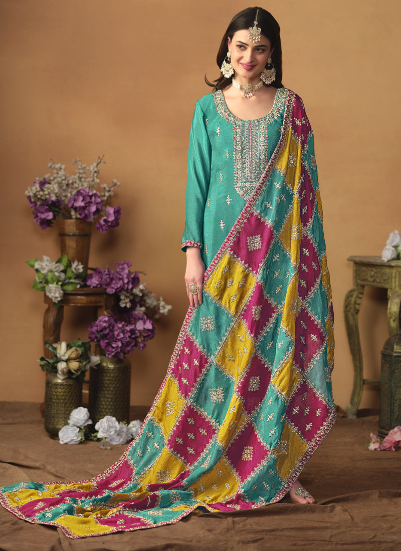Vegaa Fashion Sky Blue Chinon Silk Embroidered Salwar Suit | Grocsy