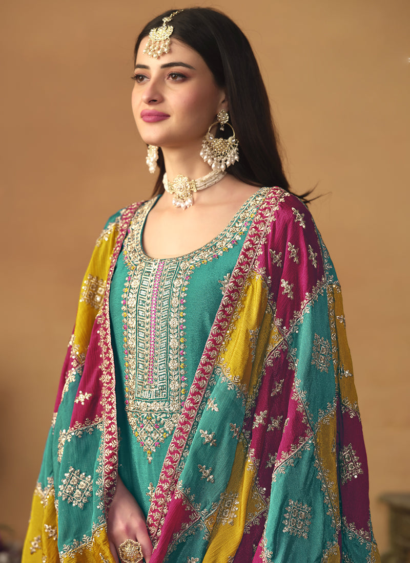 Vegaa Fashion Sky Blue Chinon Silk Embroidered Salwar Suit | Grocsy