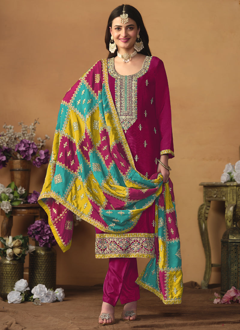 Vegaa Fashion Rani Pink Chinon Silk Embroidered Salwar Suit | Grocsy