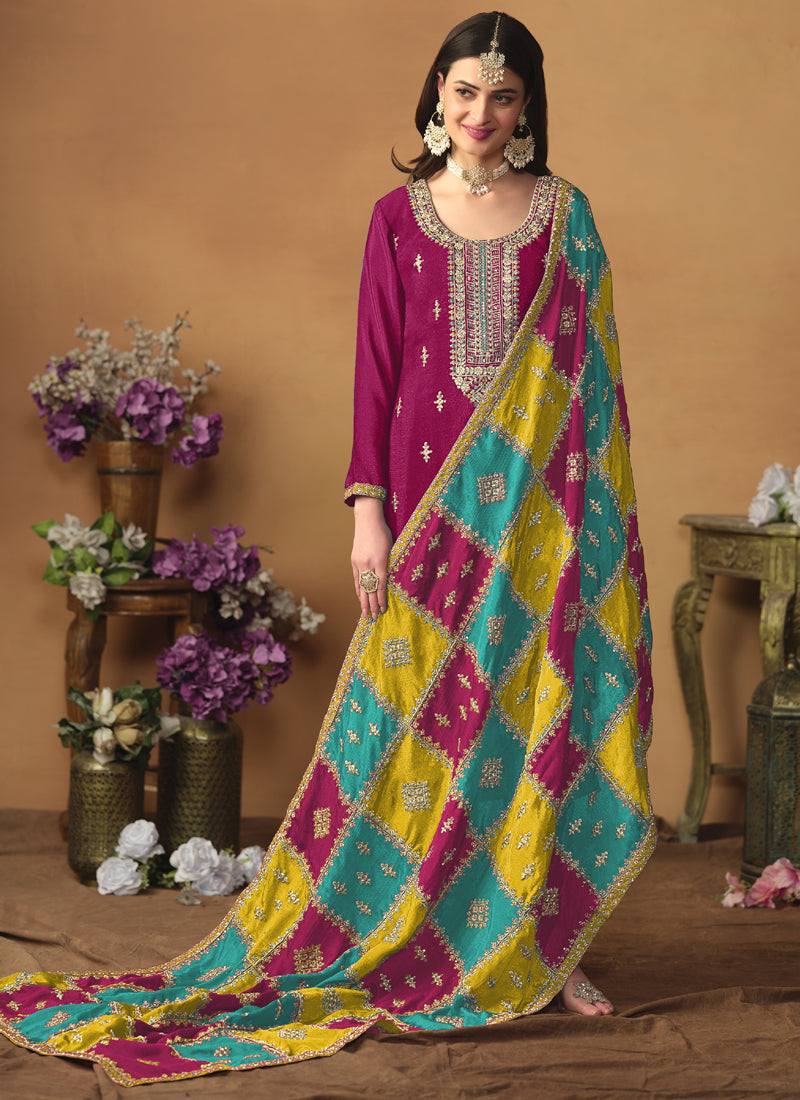 Vegaa Fashion Rani Pink Chinon Silk Embroidered Salwar Suit | Grocsy