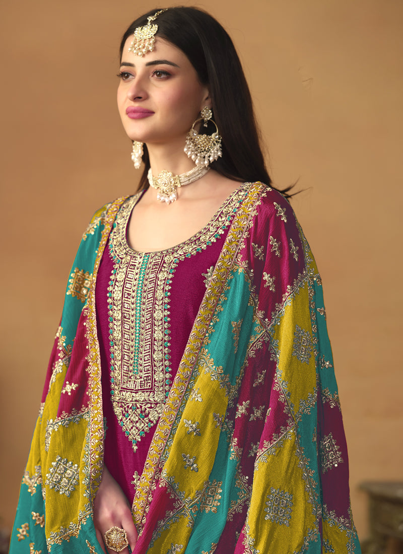 Vegaa Fashion Rani Pink Chinon Silk Embroidered Salwar Suit | Grocsy