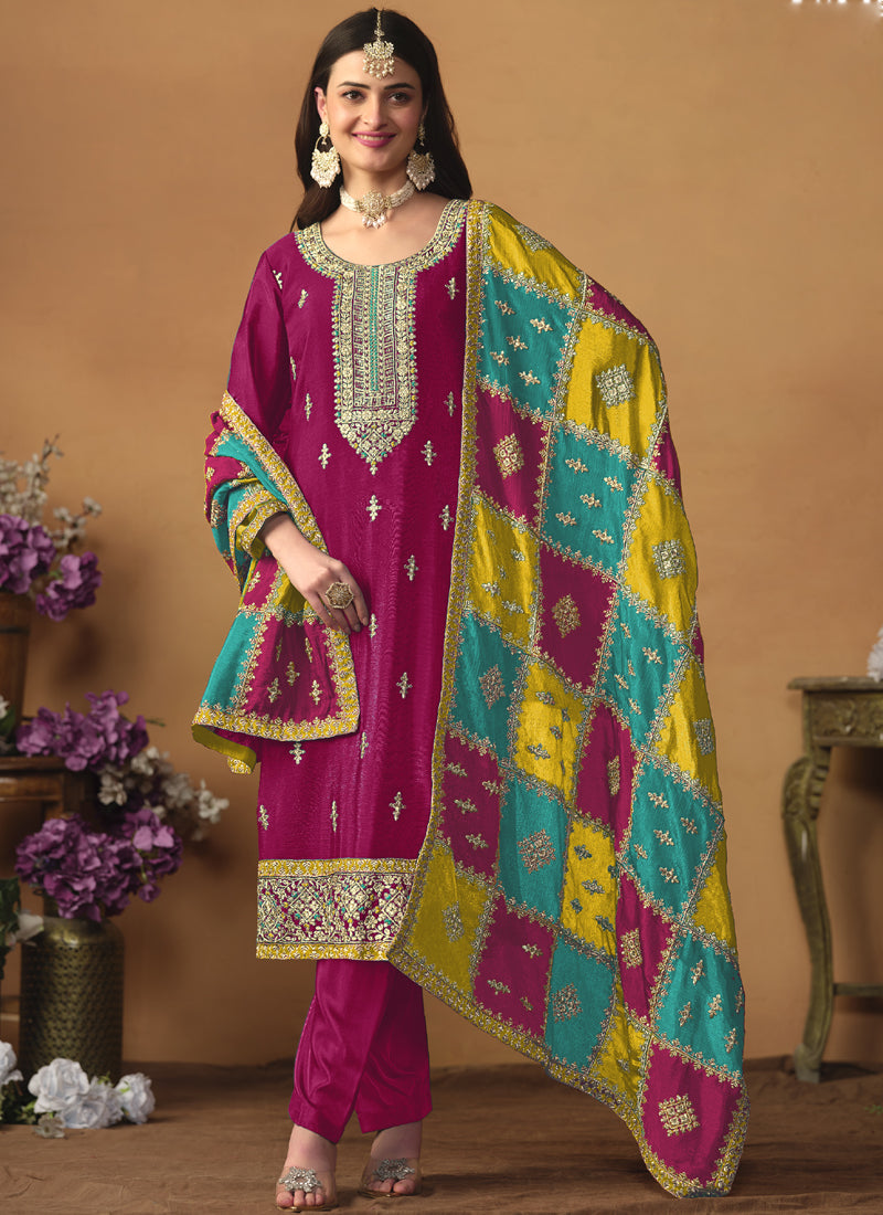 Vegaa Fashion Rani Pink Chinon Silk Embroidered Salwar Suit | Grocsy