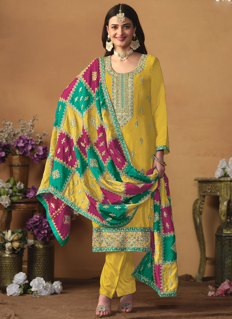 Vegaa Fashion Yellow Chinon Silk Embroidered Salwar Suit | Grocsy