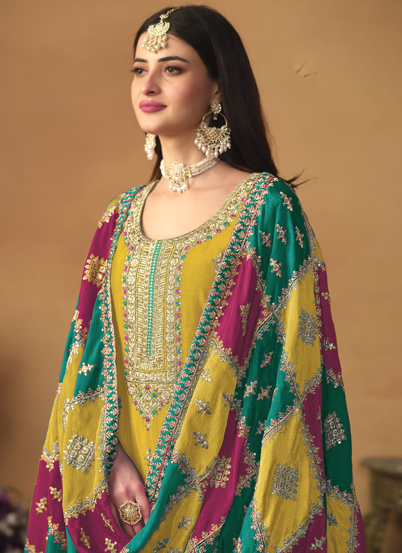 Vegaa Fashion Yellow Chinon Silk Embroidered Salwar Suit | Grocsy