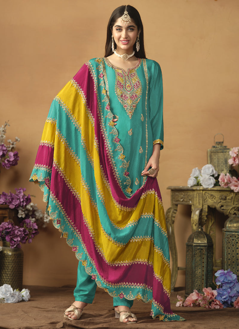 Vegaa Fashion Sky Blue Chinon Silk Embroidered Salwar Suit | Grocsy