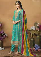 Vegaa Fashion Sky Blue Chinon Silk Embroidered Salwar Suit | Grocsy