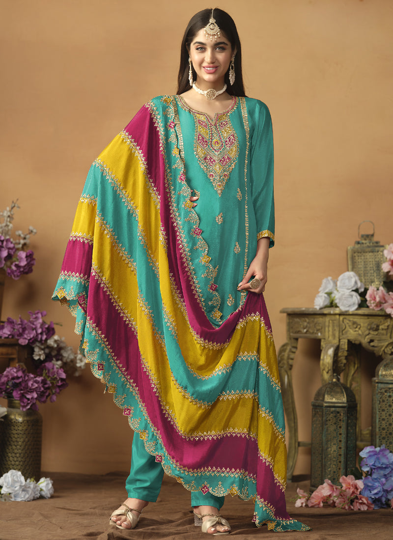 Vegaa Fashion Sky Blue Chinon Silk Embroidered Salwar Suit | Grocsy