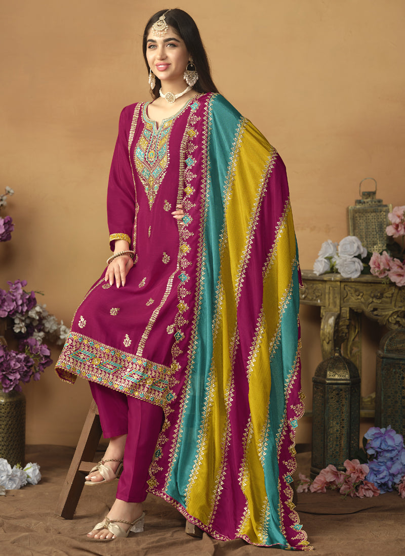 Vegaa Fashion Rani Pink Chinon Silk Embroidered Salwar Suit | Grocsy