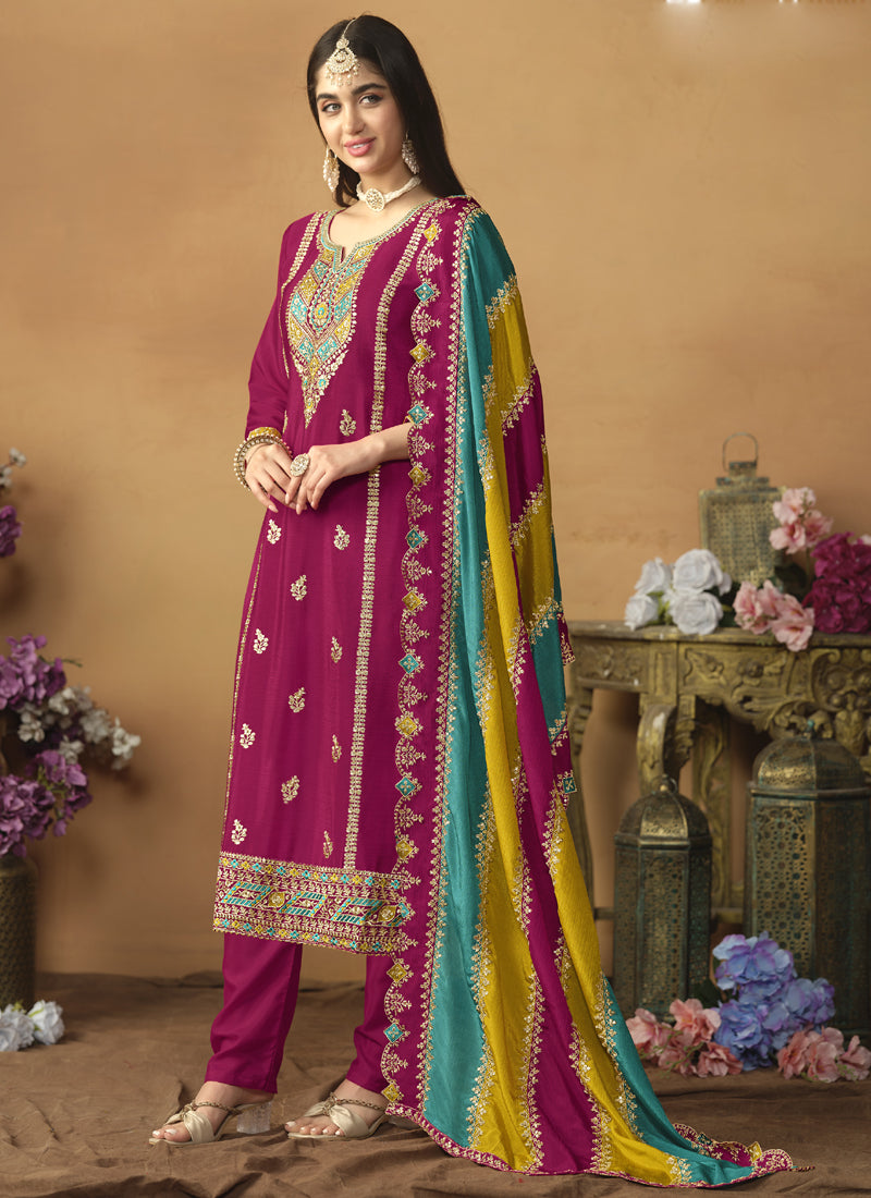 Vegaa Fashion Rani Pink Chinon Silk Embroidered Salwar Suit | Grocsy