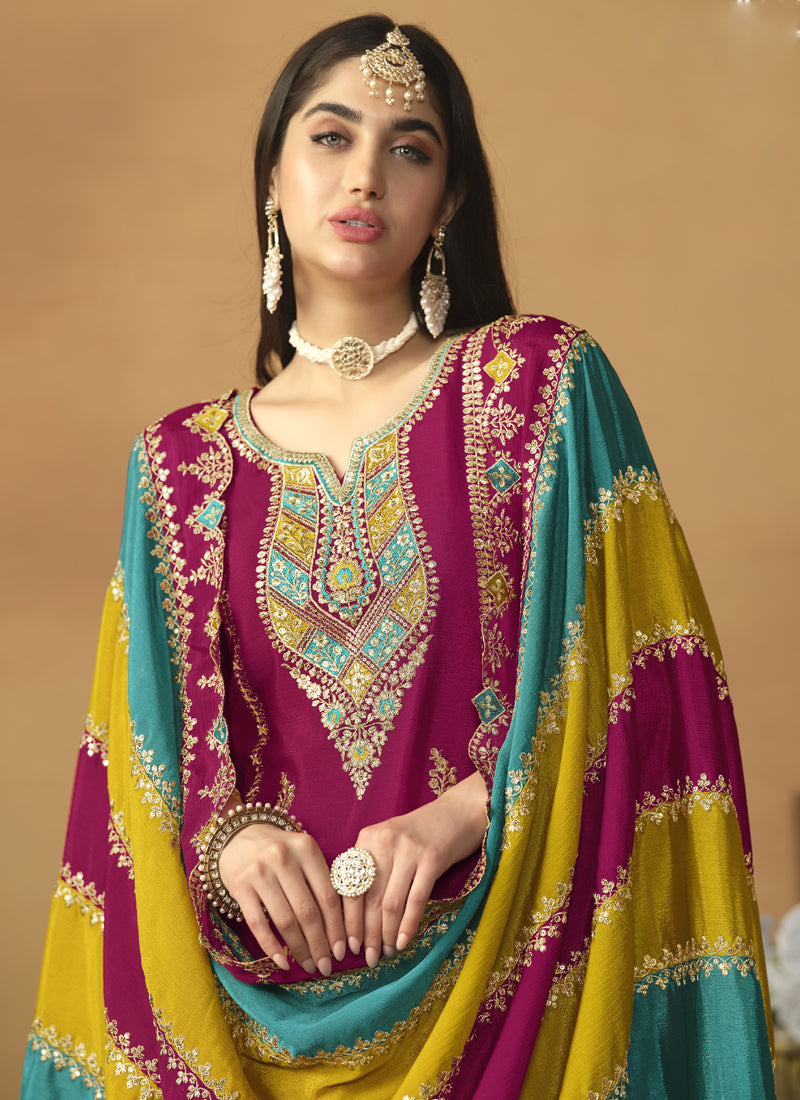 Vegaa Fashion Rani Pink Chinon Silk Embroidered Salwar Suit | Grocsy