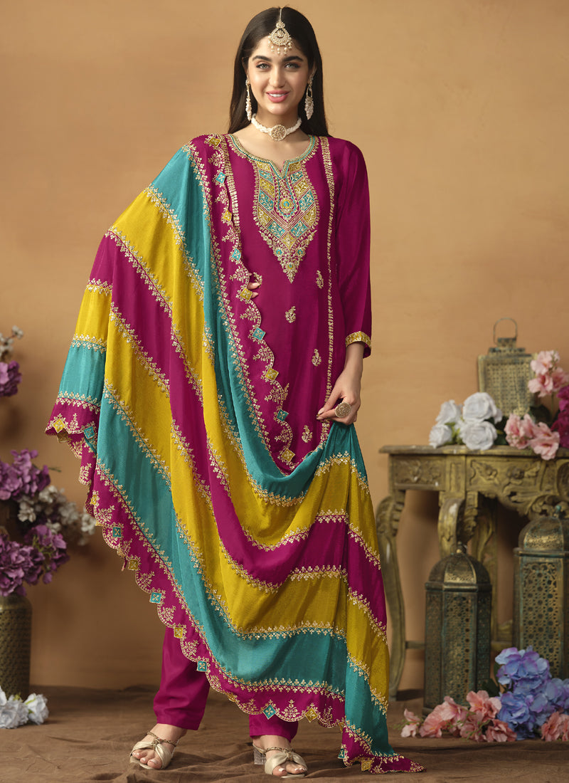 Vegaa Fashion Rani Pink Chinon Silk Embroidered Salwar Suit | Grocsy