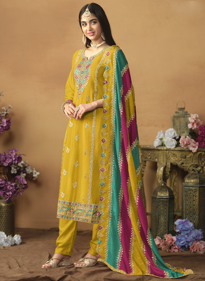 Vegaa Fashion Yellow Chinon Silk Embroidered Salwar Suit | Grocsy