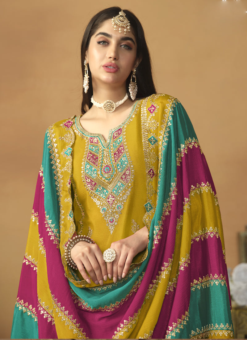 Vegaa Fashion Yellow Chinon Silk Embroidered Salwar Suit | Grocsy