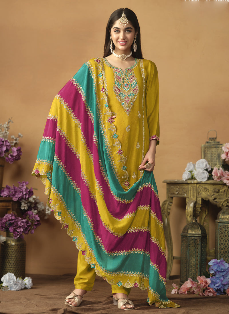 Vegaa Fashion Yellow Chinon Silk Embroidered Salwar Suit | Grocsy