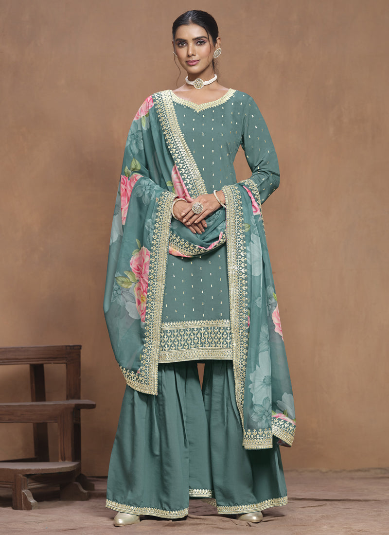 Vegaa Fashion Grey Roman Silk Embroidered Palazzo Suit | Grocsy