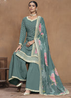 Vegaa Fashion Grey Roman Silk Embroidered Palazzo Suit | Grocsy