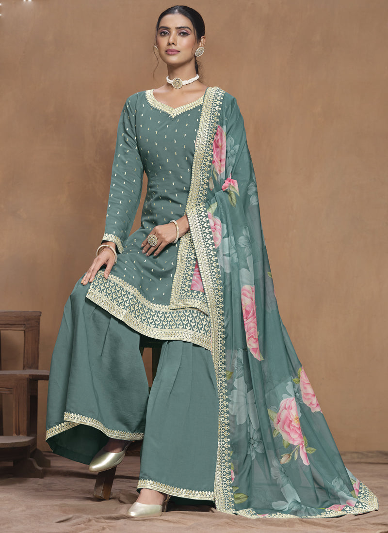 Vegaa Fashion Grey Roman Silk Embroidered Palazzo Suit | Grocsy