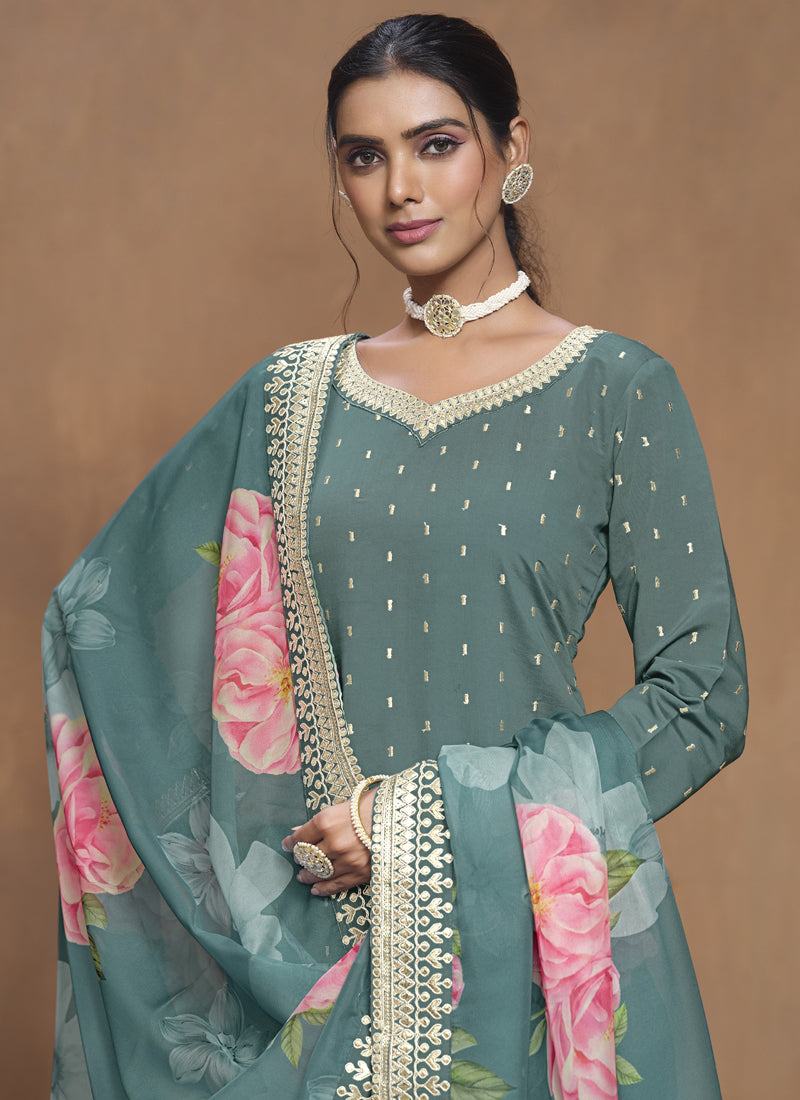 Vegaa Fashion Grey Roman Silk Embroidered Palazzo Suit | Grocsy