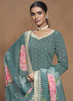 Vegaa Fashion Grey Roman Silk Embroidered Palazzo Suit | Grocsy