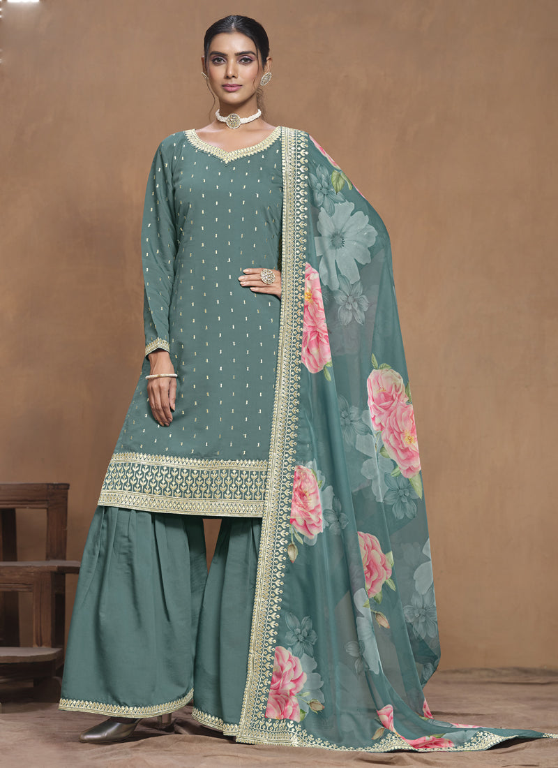 Vegaa Fashion Grey Roman Silk Embroidered Palazzo Suit | Grocsy