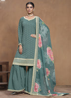 Vegaa Fashion Grey Roman Silk Embroidered Palazzo Suit | Grocsy