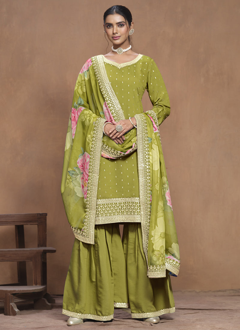Vegaa Fashion Parrot Green Roman Silk Embroidered Palazzo Suit | Grocsy
