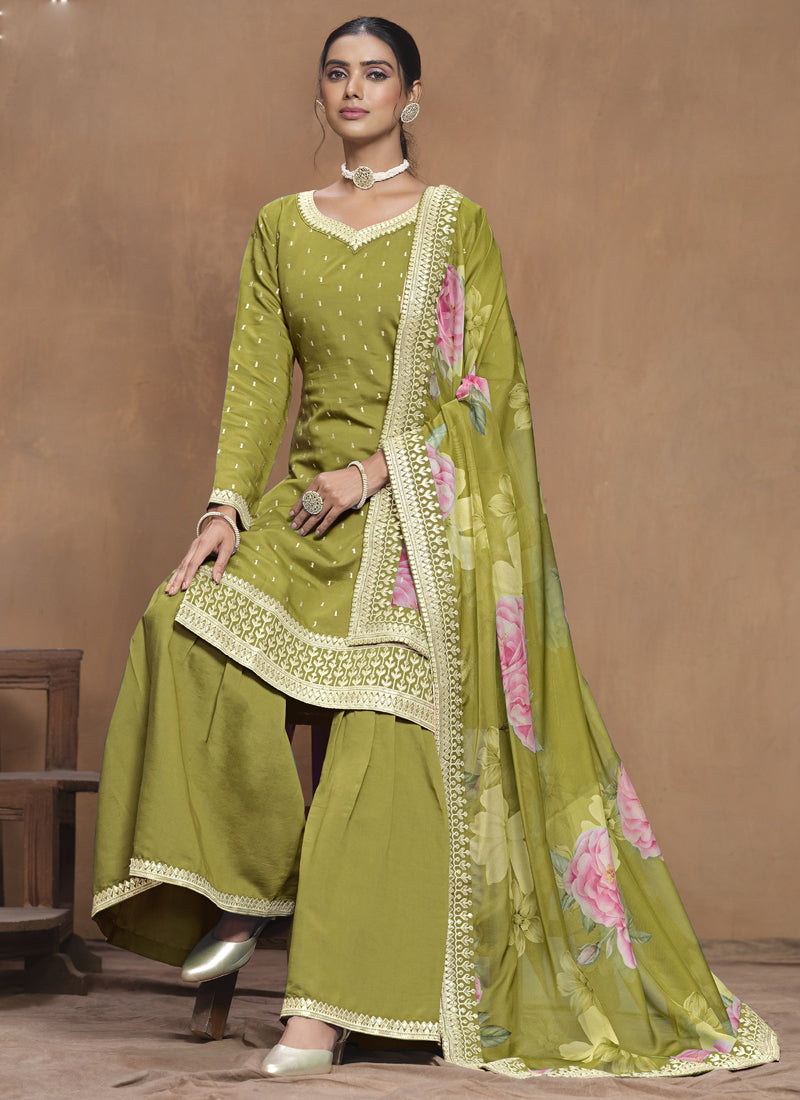 Vegaa Fashion Parrot Green Roman Silk Embroidered Palazzo Suit | Grocsy