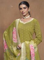 Vegaa Fashion Parrot Green Roman Silk Embroidered Palazzo Suit | Grocsy