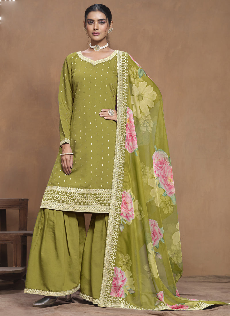Vegaa Fashion Parrot Green Roman Silk Embroidered Palazzo Suit | Grocsy