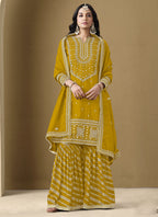 Vegaa Fashion Yellow Art Silk Embroidered Designer Palazzo Suit | Grocsy