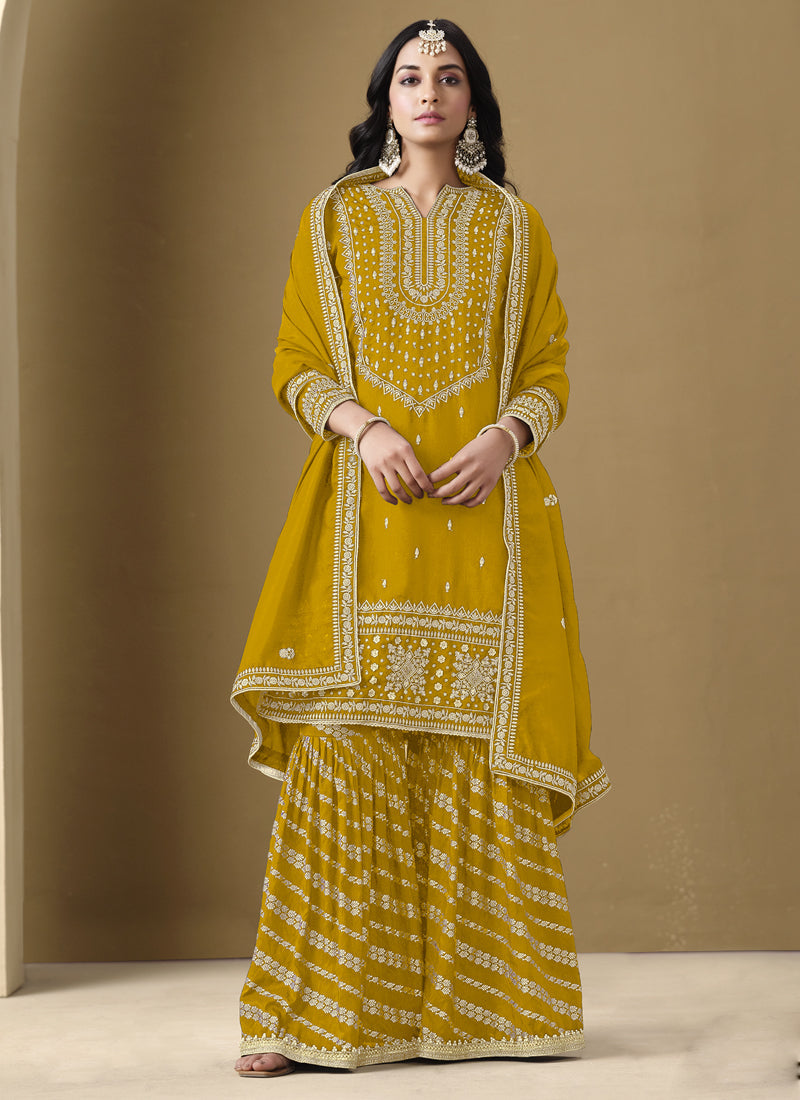 Vegaa Fashion Yellow Art Silk Embroidered Designer Palazzo Suit | Grocsy