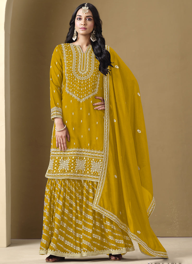 Vegaa Fashion Yellow Art Silk Embroidered Designer Palazzo Suit | Grocsy