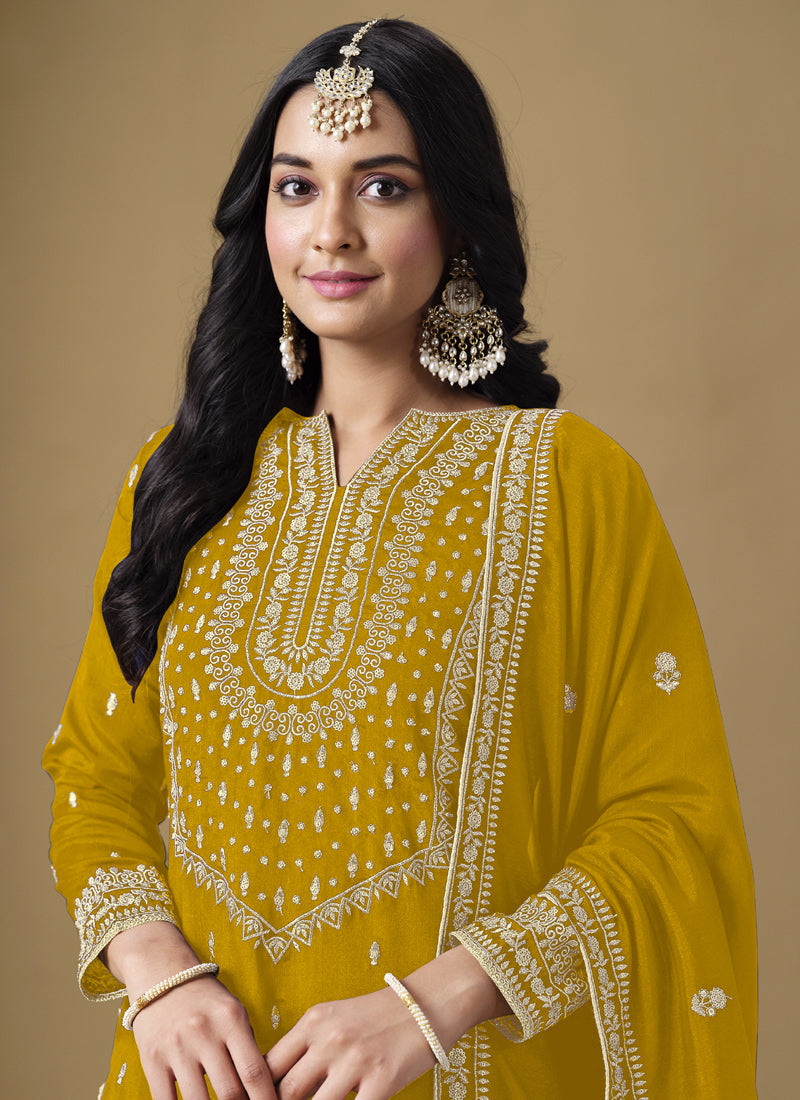 Vegaa Fashion Yellow Art Silk Embroidered Designer Palazzo Suit | Grocsy