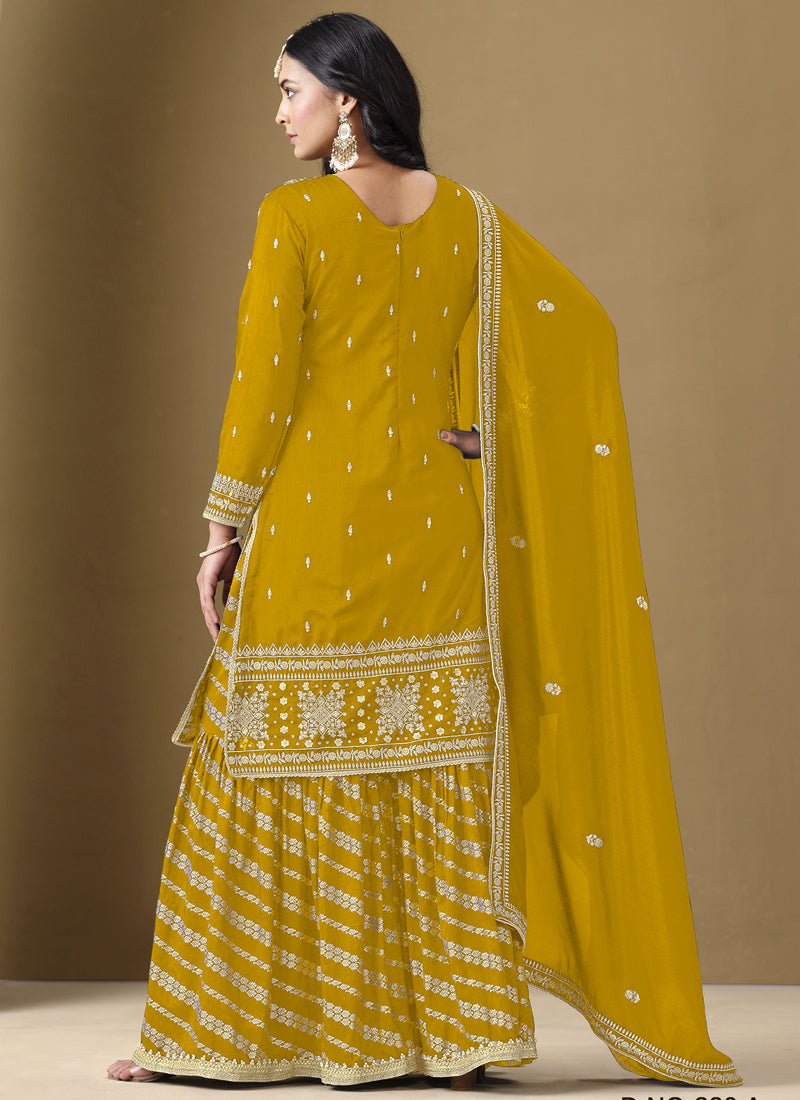 Vegaa Fashion Yellow Art Silk Embroidered Designer Palazzo Suit | Grocsy