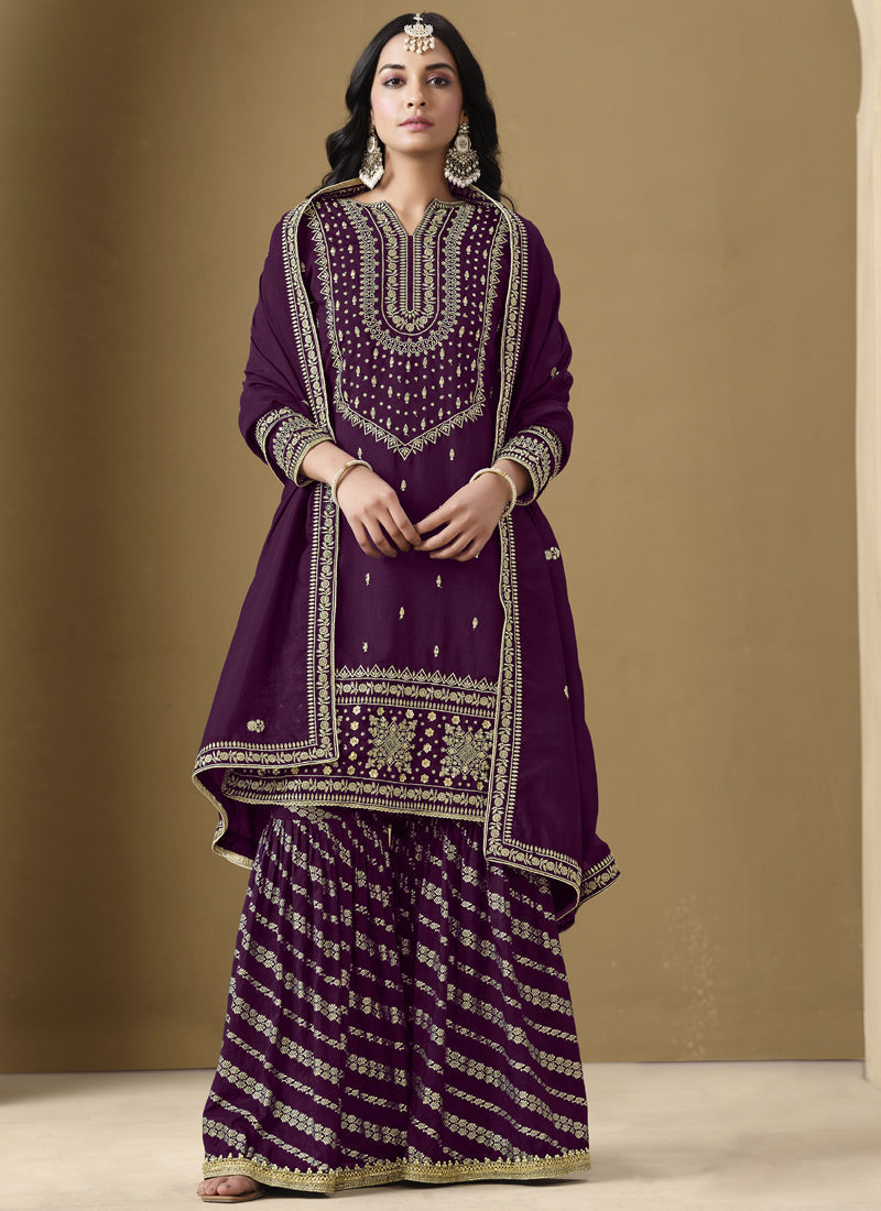 Vegaa Fashion Wine Art Silk Embroidered Designer Palazzo Suit | Grocsy