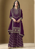 Vegaa Fashion Wine Art Silk Embroidered Designer Palazzo Suit | Grocsy