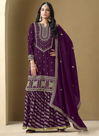Vegaa Fashion Wine Art Silk Embroidered Designer Palazzo Suit | Grocsy