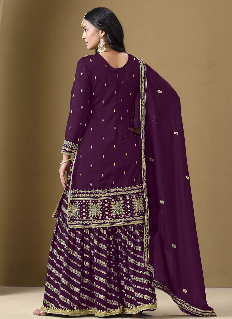 Vegaa Fashion Wine Art Silk Embroidered Designer Palazzo Suit | Grocsy