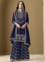 Vegaa Fashion Navy Blue Art Silk Embroidered Designer Palazzo Suit | Grocsy