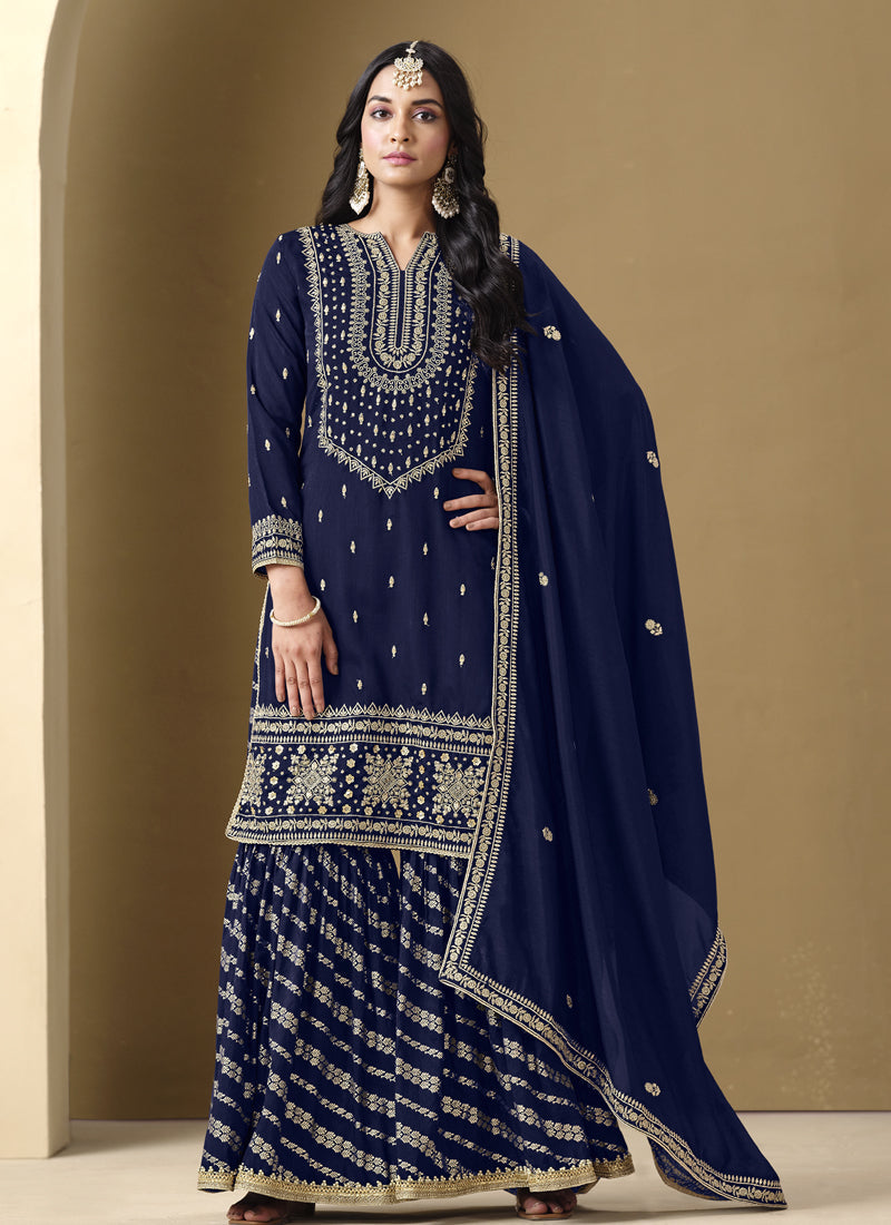 Vegaa Fashion Navy Blue Art Silk Embroidered Designer Palazzo Suit | Grocsy